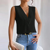 CHICMY-Summer Women Vest Casual V-Neck Sleeveless Layered Collar Pullover Tops Solid Color Breathable Sleeveless T-shirt Streetwear