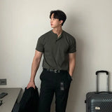 CHICMY-2024 Summer Fashion Army Green Slim Henley T-shirts Mens American Solid Color Button Sports Tight Short Sleeve T Shirts for Men