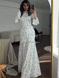 ChicMy Ruffle Printed Long Sleeve Long Dress Women's Elegant Contrast Color Slim Fit Lace Waist Casual Summer Fashion Long Dress