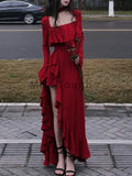 Chicmy-new years eve outfits Christmas party outfits Autumn Red Vintage Elegant Dress Women Flare Sleeve Designer Sweet Long Dress Female Ruffles Retro Princess Irregular Dress 2024