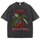 Chicmy-Fresh Picked Cherries Cottonwashed T Shirts Women Sweet Fruit Print T-Shirt Distressed Oversize O-Neck Tops Street Woman Clothes