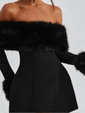 Chicmy-new years eve outfits Christmas party outfits Women Black Fluffy Faux Fur Backless Mini Dress Fashion Strapless High A-neck Slim Dresses 2024 New Lady Party Gown Vestidos