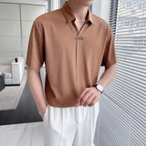 CHICMY-V-neck Short Sleeve Polo Shirts for Men Summer 2024 New Thin Ice Silk No Ironing Casual Loose Lapel Solid Color Mens Shirts