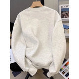 American Retro Gray Love Round Neck Sweater for Women with Plush Autumn and Winter Oversized Loose Fitting Long Sleeved Ins Top