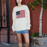 Chicmy- y2k  Aesthetic American Flag Embroidery Sweaters for Women Fall Winter Vintage Long Sleeve Sweaters Pullover Loose Top