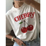 Chicmy-Summer Women Fashion T-Shirt Cherry Print O-Neck Cotton Tops Tees Floral Graphic Short Sleeve Clothing Female Casual Streetwear