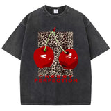 Chicmy-Cherry perfection Washed T Shirt Women Cotton Leopard Prints Oversize Tops Vintage Black O-Neck T-Shirts Summer Woman Clothes