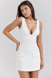 Chicmy 2024 Summer Vacation All White V Neck Fake Pockets Mini Dress For Women Holiday Elegant Sleeveless Short Dresses Lady Streetwear