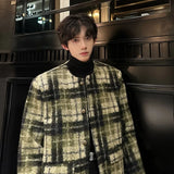 Chicmy-Men's Tweed Plaid Blazers Cardigan Autumn Winter Trend Collarless Short Jacket Fashion Green Korean Style Chic Elgance Coat