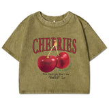 Chicmy-Red Cherries Letter Printed Female T-shirt Fashion Summer Washed Clothing Casual Cotton Crop Top Retro Tee Shirts For Women