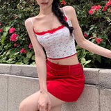 Chicmy-Cherry Print Lace Trim Spaghetti Strap Tank Tops Women Summer Sleeveless Camis T-Shirt Y2K Aesthetic Korean Crop Tops Streetwear