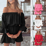 CHICMY-Women Solid Color Off Shoulder 3/4 Ruffle Sleeve Elastic Waist Mini Party Dress