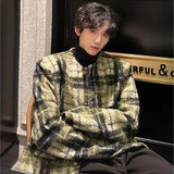 Chicmy-Men's Tweed Plaid Blazers Cardigan Autumn Winter Trend Collarless Short Jacket Fashion Green Korean Style Chic Elgance Coat