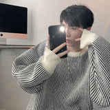 Chicmy-Winter Outfits Men chill guy Autumn Men's Luxury Striped Knit Pullover Sweater Long Sleeve Casual Streetwear Loose Stylish Leisure Korean Popular Knitwear