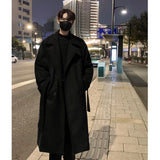 Chicmy-Korean Trend Trenchcoat With Belt Men's Loose Casual Overcoat Autumn Winter Solid Color Fashion Woolen Coat Medium Long Trench