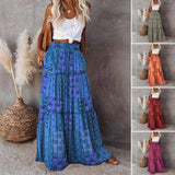 CHICMY-Bohemian Skirt Commuting Boho Ethnic Print Maxi Skirt Vintage Patchwork A-line Pleated Vacation Skirt Soft Breathable Full