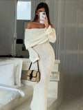 ChicMy Knit Hollow Out Off-Shoulder Maxi Dress Female Cover up See-Through Sleeve Holiday Beach Party Dress Women Knitwear Dress