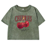 Chicmy-Red Cherries Letter Printed Female T-shirt Fashion Summer Washed Clothing Casual Cotton Crop Top Retro Tee Shirts For Women