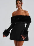 Chicmy-new years eve outfits Christmas party outfits Women Black Fluffy Faux Fur Backless Mini Dress Fashion Strapless High A-neck Slim Dresses 2024 New Lady Party Gown Vestidos