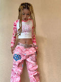 Chicmy- Streetwear y2k 90s Fashion Pink camouflage cartoon pattern straight Y2K jeans womens street hip hop design niche hot girl street wide leg baggy pants 2000s