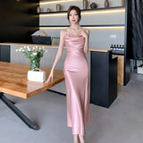 Chicmy-Christmas Party Dresses Elegant Party Black Satin Midi Dresses for Women 2024 Summer New Sexy Fashion Bodycon Sleeveless Split Strap Female Clothing