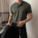 CHICMY-2024 Summer Fashion Army Green Slim Henley T-shirts Mens American Solid Color Button Sports Tight Short Sleeve T Shirts for Men