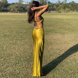 Chicmy Yellow Stain Robe Maxi Dress Summer 2023 Y2K New Sexy Straps Lace Backless Cut Out Long High Waist Elegant Dresses