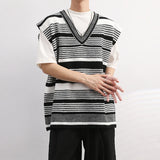 Chicmy-Winter Outfits Men chill guy Autumn Clothing Men's Striped Knit Vest Sweater Fashion Patchwork V Neck Sleeveless Loose Stylish Vintage Leisure Knitwear M-2XL