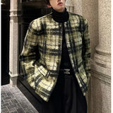 Chicmy-Men's Tweed Plaid Blazers Cardigan Autumn Winter Trend Collarless Short Jacket Fashion Green Korean Style Chic Elgance Coat