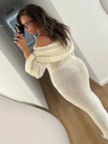 ChicMy Knit Hollow Out Off-Shoulder Maxi Dress Female Cover up See-Through Sleeve Holiday Beach Party Dress Women Knitwear Dress