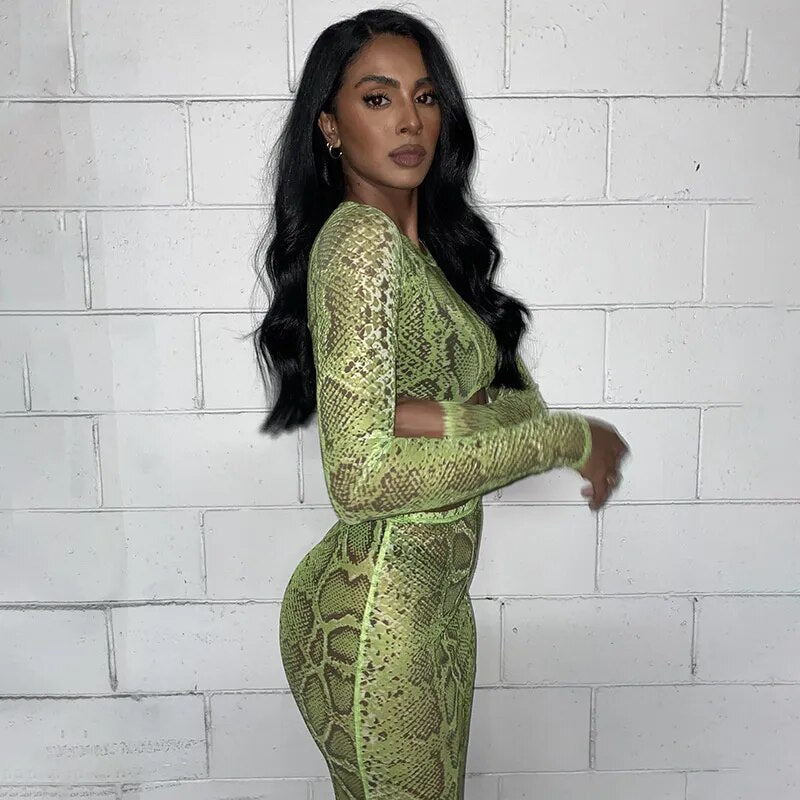 Chicmy Two Piece Set Long Sleeve Crop Tops Mesh Midi Skirts  Snake Print Sexy Women Party Outfits Club Green Bodycon Y2k New