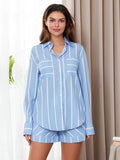 Chicmy- Women Striped Print Long Sleeve Button Down Shirt + Shorts Set Loungewear Elegant Lady Spring Matching Suit