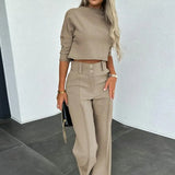 CHICMY-Women Slim Fit Top Women Wide-leg Pants Stylish Women's 2-piece Suit Solid Color Wide Leg Pants Crop Top Set for Chic Commute