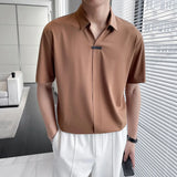 CHICMY-V-neck Short Sleeve Polo Shirts for Men Summer 2024 New Thin Ice Silk No Ironing Casual Loose Lapel Solid Color Mens Shirts