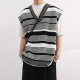 Chicmy-Winter Outfits Men chill guy Autumn Clothing Men's Striped Knit Vest Sweater Fashion Patchwork V Neck Sleeveless Loose Stylish Vintage Leisure Knitwear M-2XL