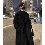 Chicmy-Korean Trend Trenchcoat With Belt Men's Loose Casual Overcoat Autumn Winter Solid Color Fashion Woolen Coat Medium Long Trench