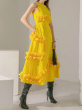 Chicmy Solid Spliced Ruffles Loose Dresses For Women O Neck Sleeveless High Waist Temperament Long Dress Female Fashion