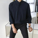 CHICMY-2024 New Silk Senior Sexy Dark Blue Shirt for Men Solid Color Long Sleeve Stand-up Collar Loose Business Casual Iron-free Shirt