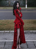 Chicmy-new years eve outfits Christmas party outfits Autumn Red Vintage Elegant Dress Women Flare Sleeve Designer Sweet Long Dress Female Ruffles Retro Princess Irregular Dress 2024