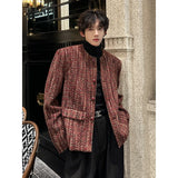 Chicmy-Round Collar Tweed Blazers Cardigan Men's Autumn Collarless Short Jacket Korean Style Chic Fashion Elgance Coat Handsome Jackets