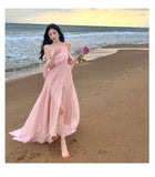 Chicmy-Christmas Party Dresses  Pink Elegant Pleated High Waist Split Long Dress Women Fashion Backless Halter Strapless Fairy Dress Female 2024 Vestido