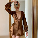 Chicmy- Women Sexy Satin Dress Elegant Fashion Front Tie Up Long Sleeve Birthday Party Night Mini Dress Y2K Vintage Vestidos