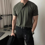 CHICMY-2024 Summer Fashion Army Green Slim Henley T-shirts Mens American Solid Color Button Sports Tight Short Sleeve T Shirts for Men