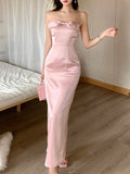 Chicmy-Christmas Party Dresses Pink Bow Neckline Patchwork Mesh Vest Dress Long Skirt Satin Light Gown High Waist Slim-Fit Elegant Party Maxi Dresses Female