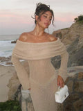 ChicMy Knit Hollow Out Off-Shoulder Maxi Dress Female Cover up See-Through Sleeve Holiday Beach Party Dress Women Knitwear Dress