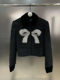 Chicmy-HIGH STREET Newest 2025 Fall Winter Designer Fashion Women Velvet Lapel Long Sleeved Diamond Studded Bow Tweed Jacket