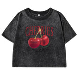 Chicmy-Red Cherries Letter Printed Female T-shirt Fashion Summer Washed Clothing Casual Cotton Crop Top Retro Tee Shirts For Women