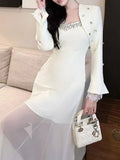 Chicmy Spliced Diamonds Two Piece Set For Women Strapless Sleeveless High Waist Temperament Dress Long Coat Sets Female
