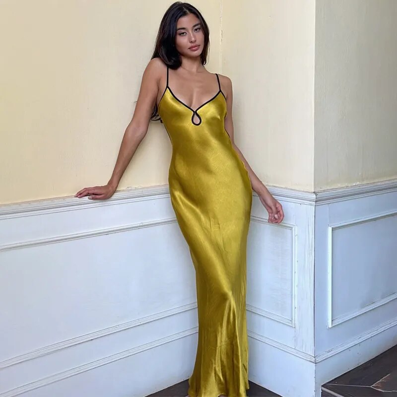 Chicmy Yellow Stain Robe Maxi Dress Summer 2023 Y2K New Sexy Straps Lace Backless Cut Out Long High Waist Elegant Dresses