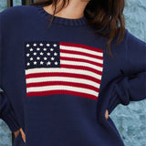 Chicmy- y2k  Aesthetic American Flag Embroidery Sweaters for Women Fall Winter Vintage Long Sleeve Sweaters Pullover Loose Top